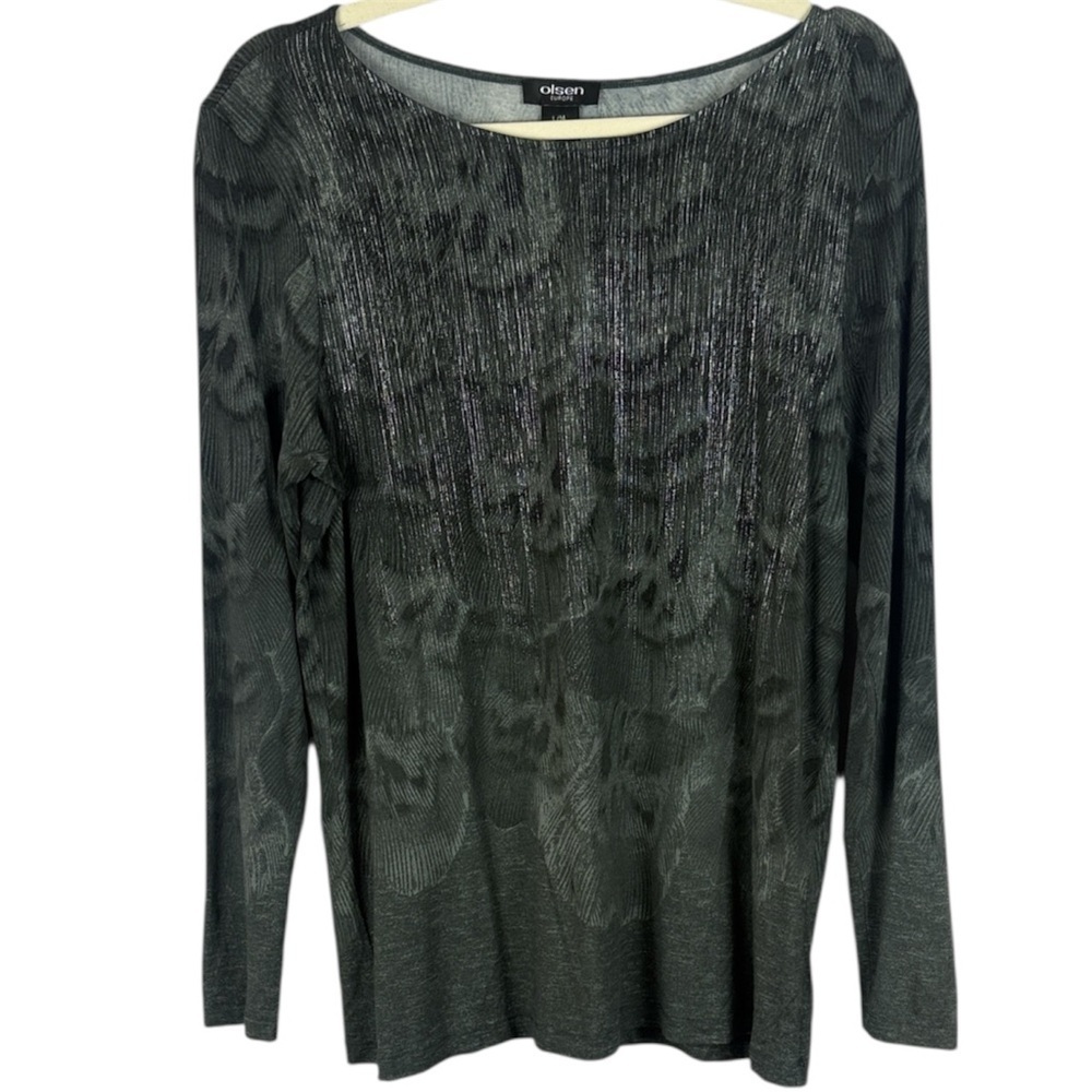 Olsen Europe Elegant Gray Patterned Shimmer Detail Long Sleeve Large Blouse
